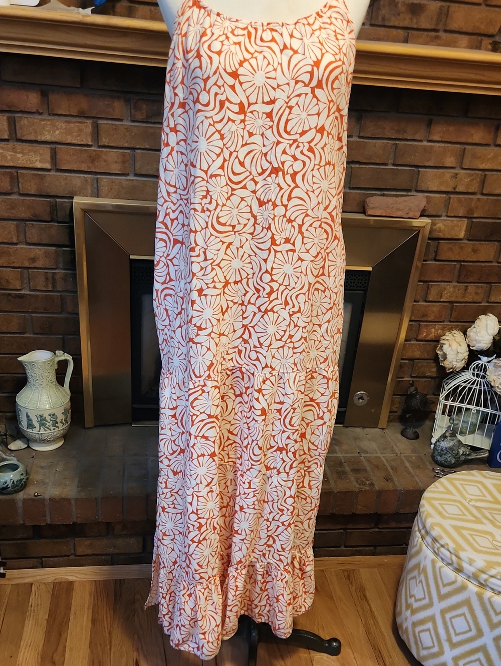 Rachel Zoe Orange Off White Floral Maxi Summer Dress Linen Blend Beach Cruise